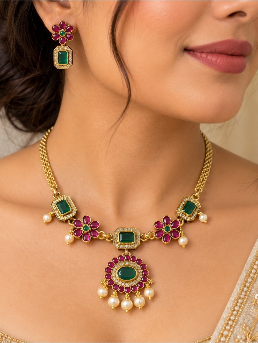 Gold-Tone Green & Pink Floral Pendant Necklace by